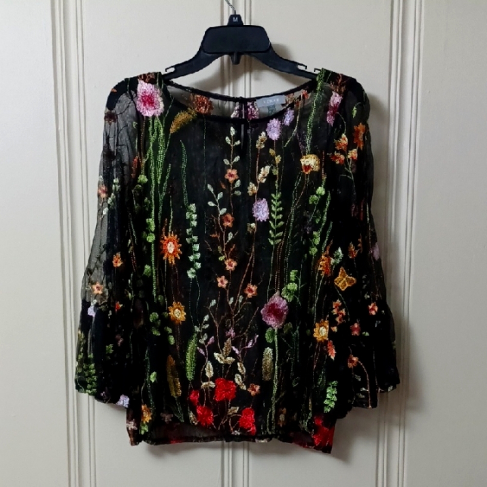 Kenar💐 Black Embroidered Sheer 3/4 Ruffle Sleeve Blouse Multi-colored Botanical